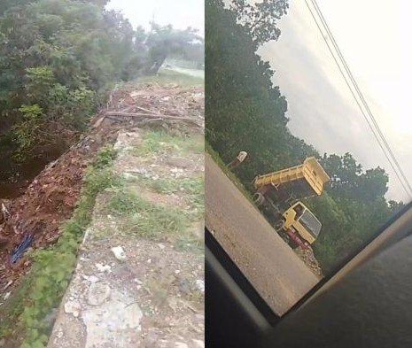 Mobil truk membuang sampah di dekat Jembatan Warna-warni Pantai Mandra. (Foto: Tangkapan Layar)