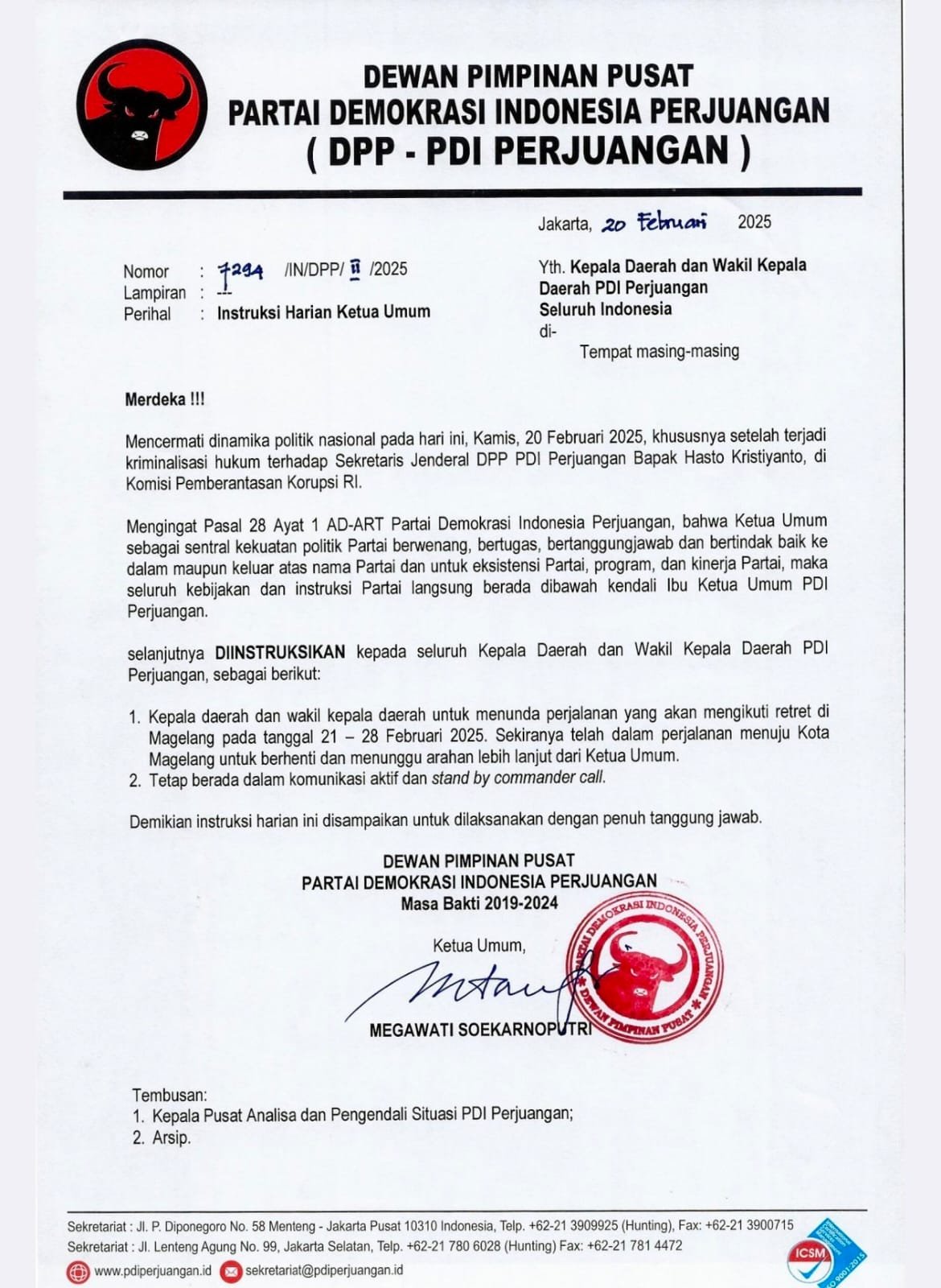 Beredar surat pelarangan kepala daerah dari PDIP untuk ikut retreat di Magelang.